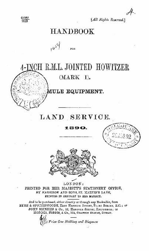 Handbook for 4-inch R.M.L. jointed howitzer, mark I, mule equipment, land service (1890)